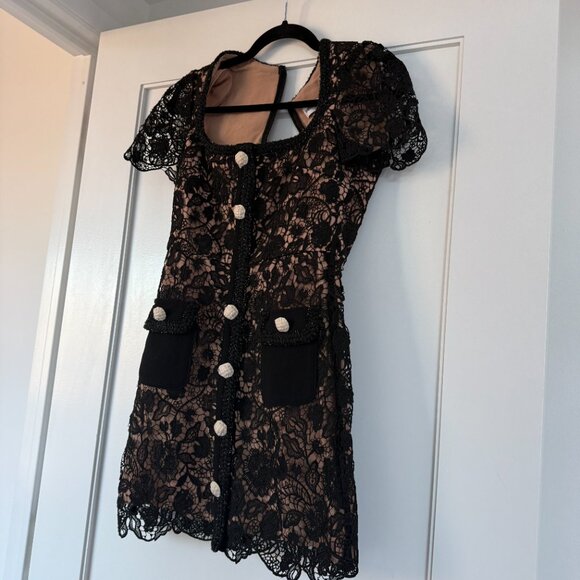 NWT Self-Portrait Guipure Lace Mini Dress In Black Gold-tone Buttons Square Neck - Picture 3 of 7